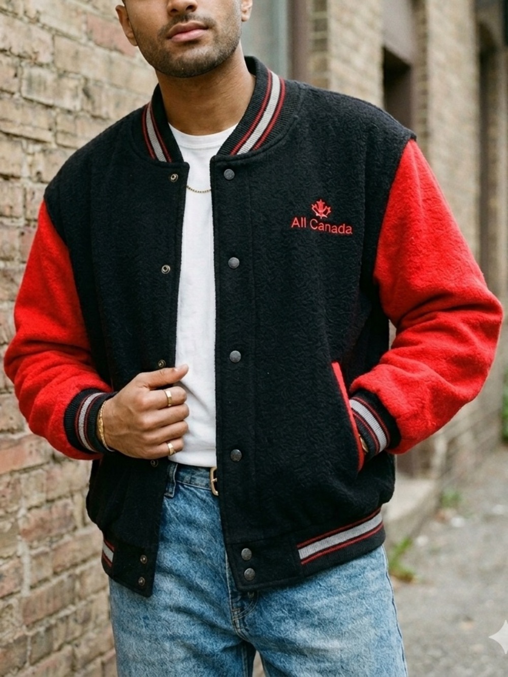 Vintage All Canada Varsity Letterman Jacket Zip Off Sleeves Red Black M